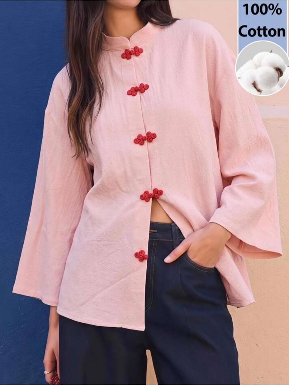 Pink Cotton Mandarin Collar Button-Front Women's Shirt